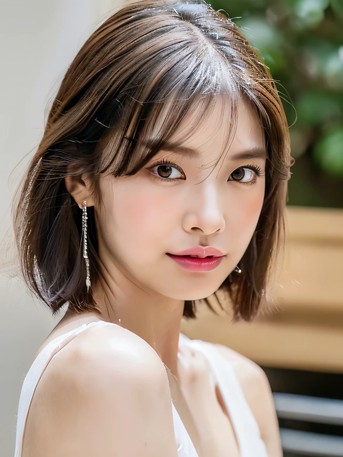 (Ultra-high resolution:1.5)(Very detailed:1.3) (super high quality) (super high quality:1.5) (Realistic photos:1.3) Japanese women, 19 years old, ((Fine and beautiful features:1.3)) ((Realistic skin texture:1.say exactly, high quality eye:1.3)) ((The beauty of detailed and high-quality ears:1.3)) ((Very white and clear skin:1.3)) Full Body, Beautiful proportions, Beautiful depiction, Luxurious and stylish interior, ((happy viewers'eye)) wet half-open lips, Open your mouth a little, feminine, Soft and gentle shoulders, Big Breasts, ((cute)) (amazing high resolution images) girls are very interested in men'Body'Body of, Cinematic lighting,
((A receptionist in a low-cut uniform, Organic Background, Cross-legged, Focus on sexy thighs:1.5)),
((Enraptured look, Gesture to invite a man, Kissing the viewer:1.5)),
Narrow shoulders, Beautiful clavicle, Thin arms, Long, slender legs, Small Ass, No bra,
Ultra-detailed skin, Fair skin, Glossy Skin, Ultra detailed face,
Slim face contour, Beautiful small face, Beautiful lined nose,
Ultra-detailed eye, Long, narrow eyes, Brown eyes, Ultra-thin eyebrows, Thin, long eyelashes,
Ultra-detailed lips, Plump and moisturized lips, glossy pink lips, Flushed Cheeks, ((White beautiful teeth)),
Beautiful actress's ennui makeup, Pink lipstick,
Dark Brown Hair, Delicate soft hair, Hair blowing in the wind,
(Put your hair up, Medium Short Hair, ponytail:1.2),
Layered Cut, (Blunt bangs:1.2),
((Gorgeous Earrings, Silver Necklace)),
Cute smile, Mouth half open, A dreamy look, ((Staring at the viewer)),
(((Photorealism,Shoot the whole body from the thighs:1.2))), ((the body is facing forward)),
Dynamic Lighting,
((Raise your face slightly)),
((Squinting)),
((pursing lips:1.2)),
((Blushing:1.5)),
((Fluffy cleavage)),
((Flat Chest)),
((Small, swollen, moist nipples:1.2)),
((Nipples are wet with water:1.2)),
((Beautiful small pink areola:1.2)),