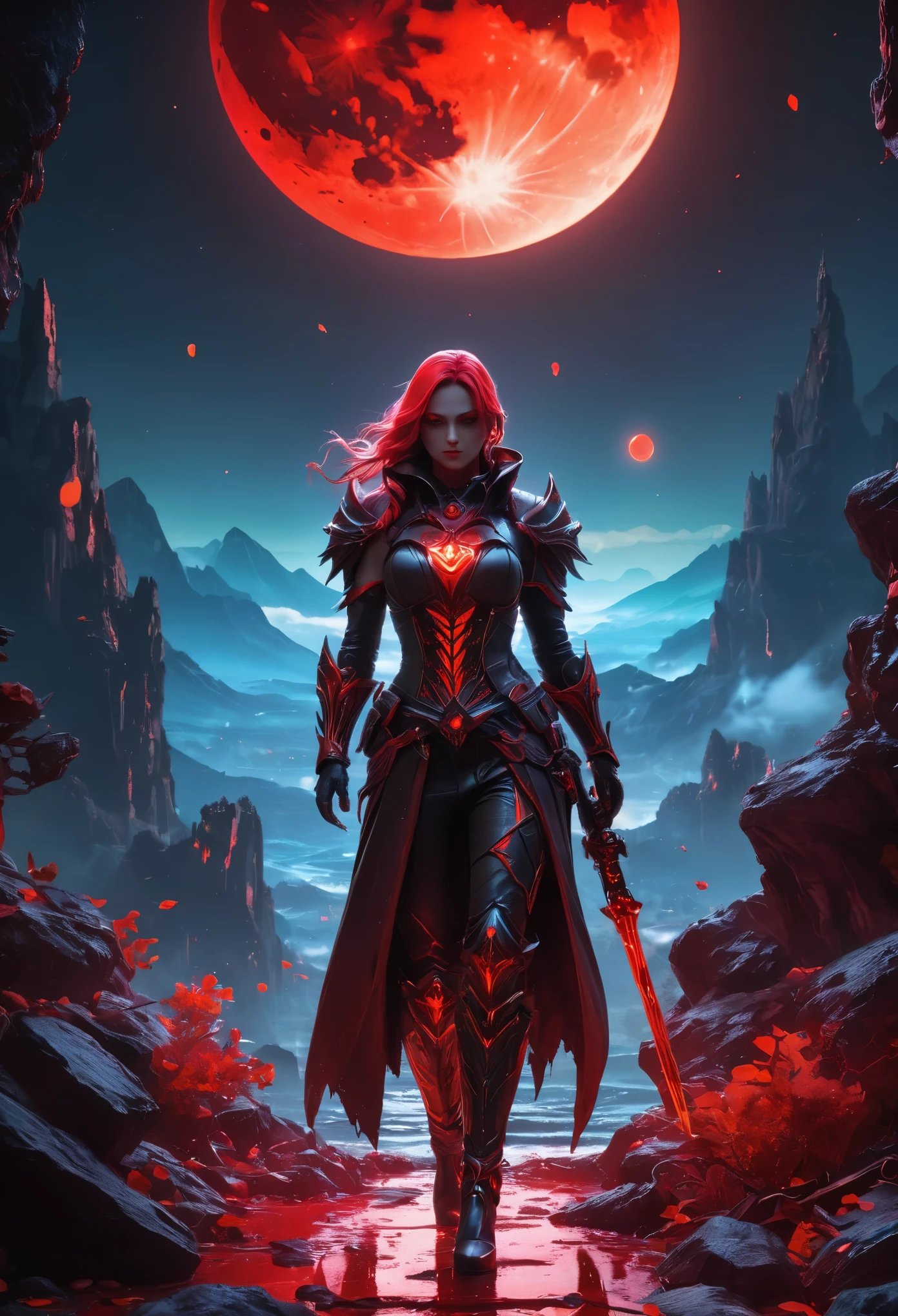 Red Necromancer, Blood Moon, Ray Tracing, masterpiece, highest quality, super high quality, 不条理なdetailed, best Light, Best Shadow, sharp, sharp image, detailed, extremely detailed, Amazing resolution, 8k, 4K, Ultra-high resolution, Particle Effects, Beautiful Effects, Vibrant colors, neon Light, neon, Light,