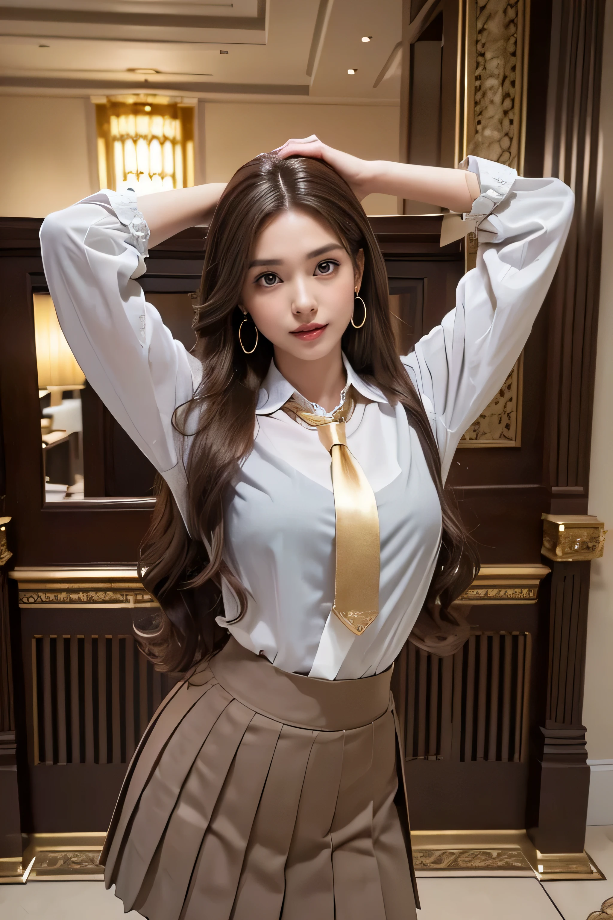 highest quality, masterpiece, 8k, Ultra-high resolution, (Realistic: 1.4), 1 girl, Beautiful Face, Symmetrical eyes, big, Perfect Body Proportions, ((((Extra long brown hair:1.2)))),((Loosely inward wavy hair:1.2)),((Gold Necklace＿Large earrings:1.2)), The viewer&#39;s gaze, (((in a Luxurious room:1.3)),), Front view, Absolute area (1.3),A kind smile、Seems kind、Cowboy Shot、((white collared blouse、dark grey pleated skirt with tie:1.3))((full figure supermodel standing, entire body in frame))fullbody shot、((arms up:1.3)),
