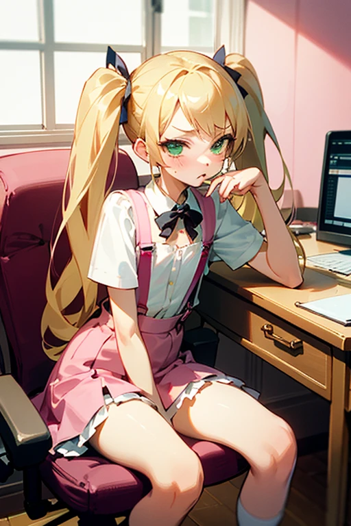 1 girl, cute, , flat chested, pouty, bratty, blonde hair, twintails, long hair, cute, bratty, teasing look, dim lighting, sitting in desk chair, pink room, cute room, white chair, lolita,pink suspenders skirt, green eyes
