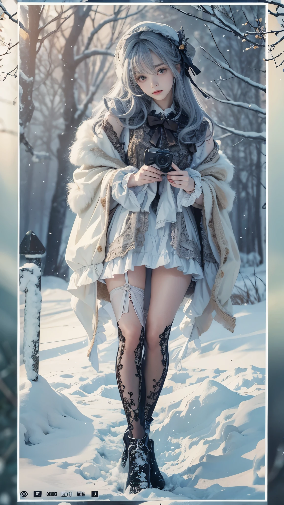 (8k,RAW photos, Best quality, masterpiece:1.2),(Realistically, Shoot real:1.4),hide your face from sadness,
Lolita clothing,Lace, Iris Gainsborough, Upper part of the body,thigh,Lace, underwear,Expose bare shoulders, external, (external,Covered with snow,cloak,) high quality, Adobe Lightroom, High Detail Skin, Looking at the audience,
