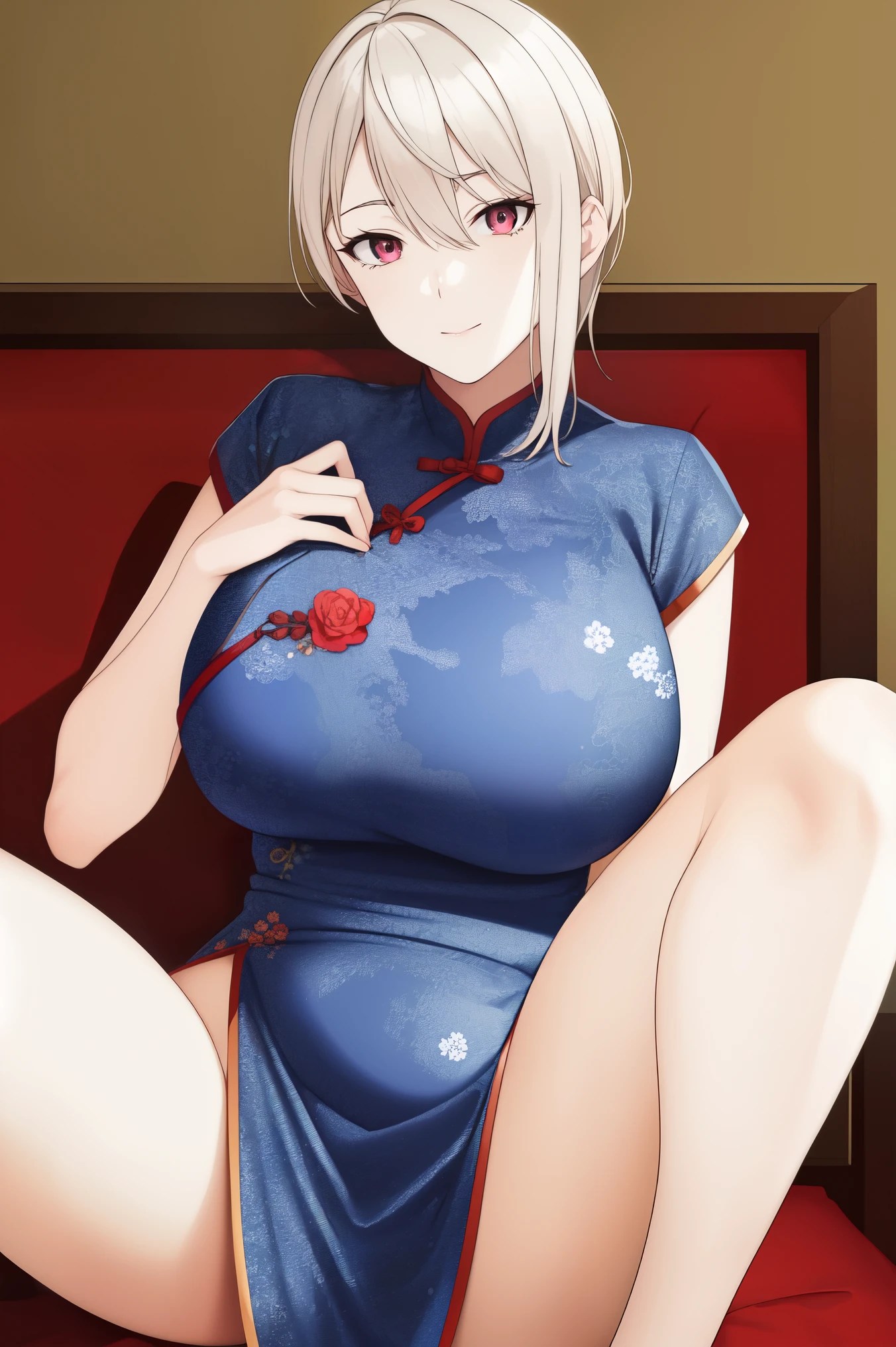 nakiri_alice, huge_breasts, solo, china_dress, masterpiece, best quality, detailed face, detailed eyes, highres, spread legs sitting 