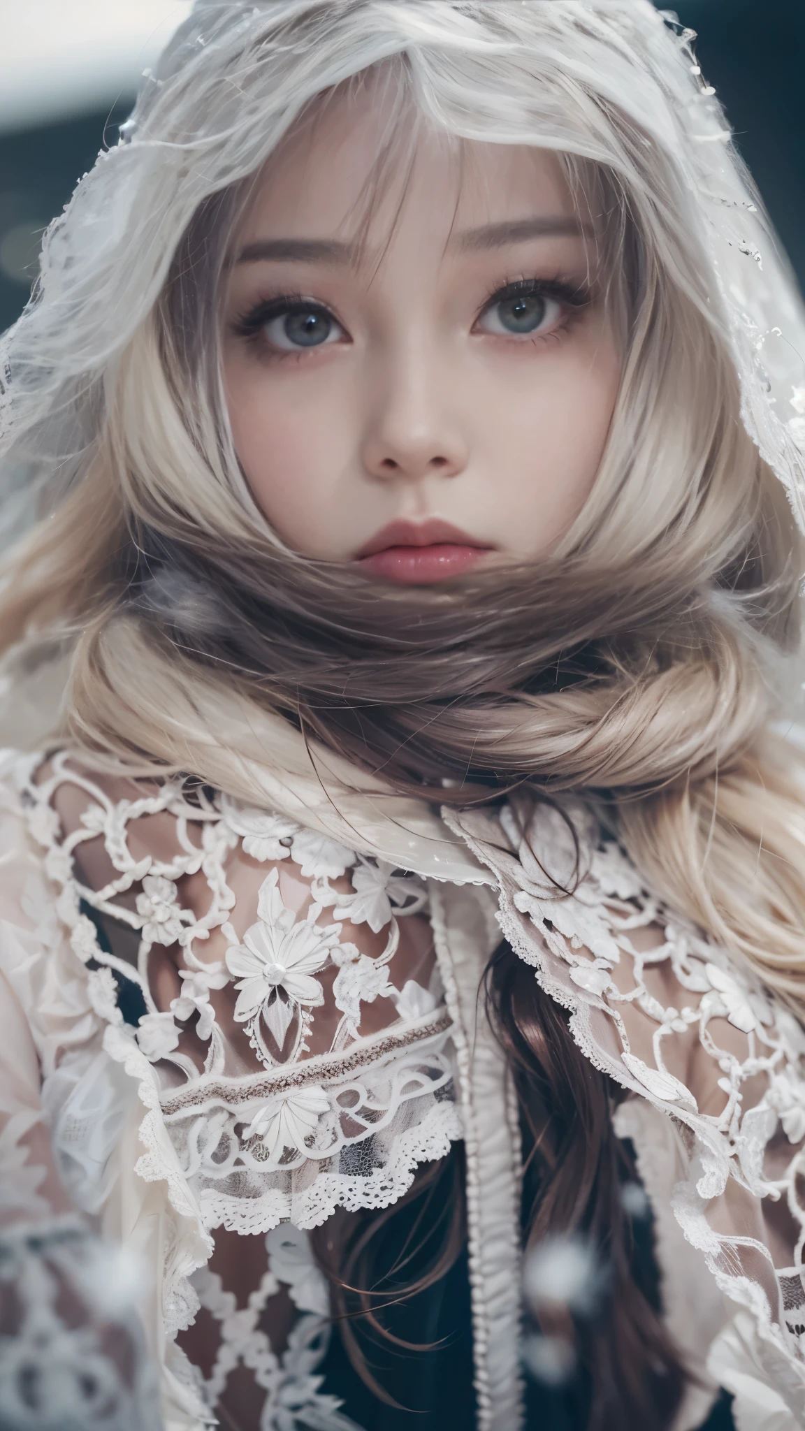（8k，RAW photos， Best quality， masterpiece：1.2），（Realistically， Shoot real：1.4)，hide your face from sadness，
Lolita clothing，Lace， Iris Gainsborough， Upper part of the body，thigh，Lace， underwear，Expose bare shoulders， external， (external，Covered with snow，cloak，) high quality， Adobe Lightroom， High Detail Skin， Looking at the audience，