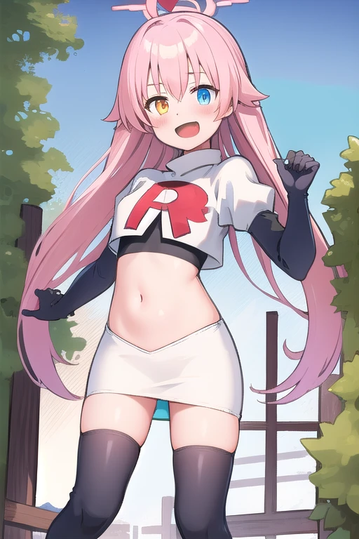 masterpiece, best quality, ultra-detailed, 1girl, hoshino, team rocket,team rocket uniform,white skirt,red letter R,crop top,black thigh-highs,black elbow gloves, outdoors 