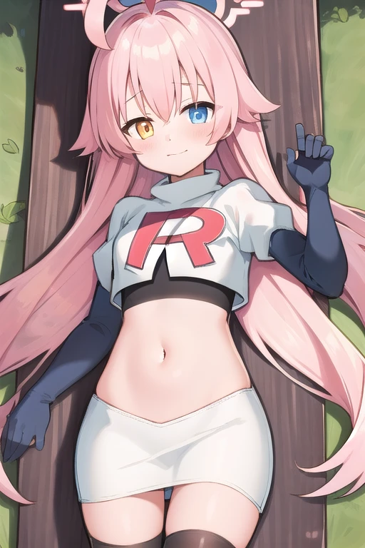 masterpiece, best quality, ultra-detailed, 1girl, hoshino, team rocket,team rocket uniform,white skirt,red letter R,crop top,black thigh-highs,black elbow gloves, outdoors 