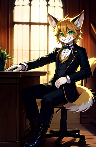 Perfect face, high quality, victorian architecture, office, solo, male, anthro, slim, victorian era suit, fancy boots, grin, green eyes, golden fur, medium length hair, detailed hair, vulpine features, leaning on desk, facing camera, masculine