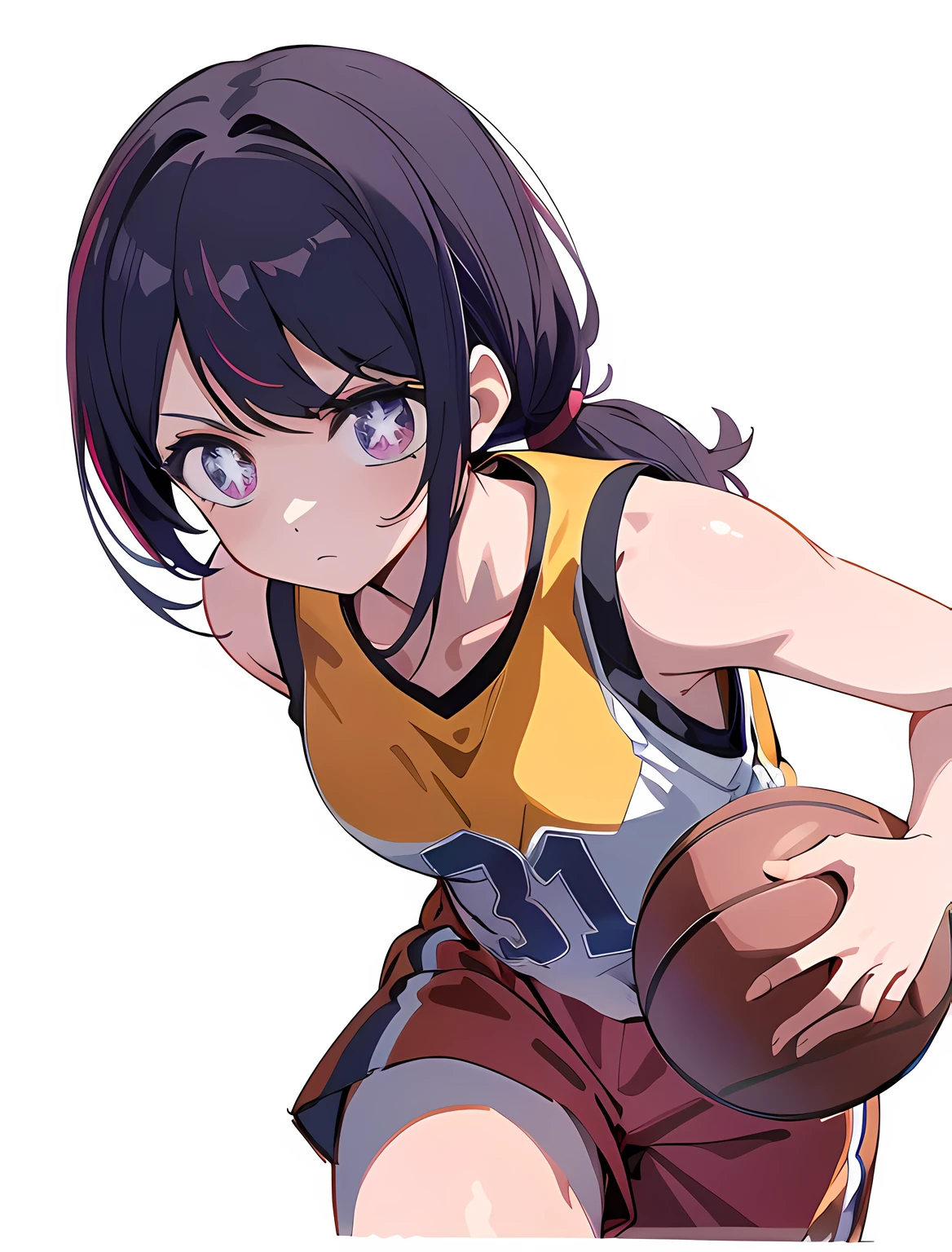 ai hoshino,basketball player, (basketball court background:1.3), (red, yellow, black, sportswear),(pony tail:1.3),(head to thigh visible:1.4), playing basketball, intense basketball match, ((running while holding basketball)), ((sharp focus)) daytime,indoor lighting,anime style,oshi no ko art style, best quality, unity 8k wallpaper, anatomically correct, (((masterpiece))), (((best quality))), (((ultra detailed))), (((high-resolution))), ((super fine illustration)), ((Ultimate cutie)), ((detailed beautiful face)), ((perfect hands)), perfect finger, ((perfect eyes)), (((good anatomy))), Solo, One girl,(looking at the screen:1.4), long purple hair, 16 year old five-pointed star in the eyes, medium breasts, (round chest:1.3), healthy feminine body, ((dribble a beautiful Perfectly spherical 6" basketball with one hand)), speedy moment, good camera angle, ((running)), (plain white background:1.4)