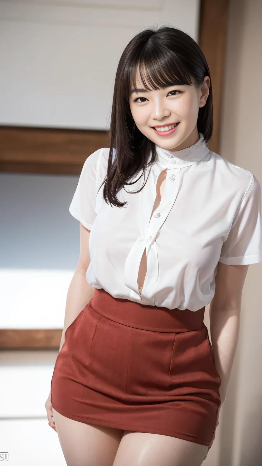 最high quality,8K,Vibrant,Sharp focus,high quality,High resolution,(whole body),(Very slim and delicate body),Young face,(White shirt with buttons and collar),(Tight Skirt),Short Hair,A kind smile,Very small breasts,Spread your legs out to the side