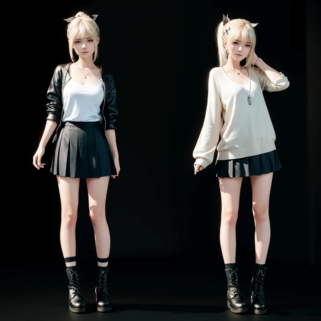 Marie Rose, with a casual and laid-back style. She should be wearing a simple white t-shirt and a loose, comfortable cardigan, with a black pleated skirt and long black socks. Your shoes should be black combat boots, with loose laces. Your hair should be tied into two buns, with a ponytail and short bangs. She should have a small, discreet tattoo on her arm, and she should wear a simple, delicate silver necklace. The background should be a modern and cozy cafe in Kyoto, with low lighting and details of wood and green plants.