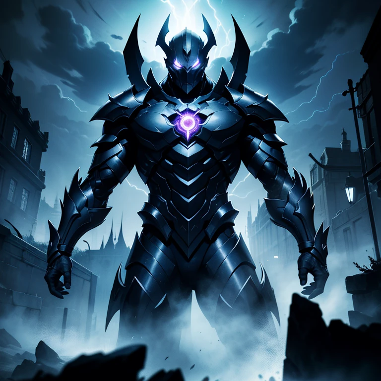 In the heart of a tempestuous night, a solitary figure emerges, swathed in the enigma of darkness. He dons an imposing god-like Phantom Iron Armor, its surface an ominous reflection of the surrounding gloom. Every chiseled line and intricate design of the armor glows faintly in the shadows, as if pulsing with an otherworldly energy. The air crackles with an electric charge as the boy's determined gaze intensifies, his eyes revealing an unyielding spirit concealed beneath the mystical facade. The armor's weight feels substantive against his lithe form, every movement he makes an authoritative testament to his power.