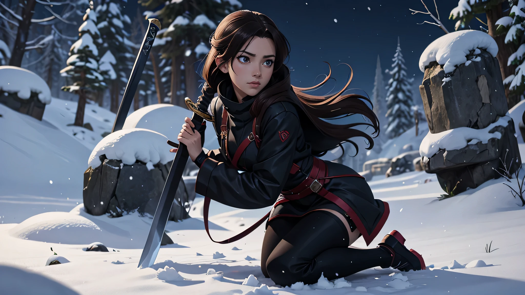 Anime girl kneeling in the snow wearing black clothes and holding a sword, Amazing anime 8k, She has a sword, Anime Style 4k, Gweiz style artwork, anime wallpaper 4k, anime wallpaper 4k, anime art wallpaper 8k, 4k anime wallpaper, anime art wallpaper 4k, anime art wallpaper 4k