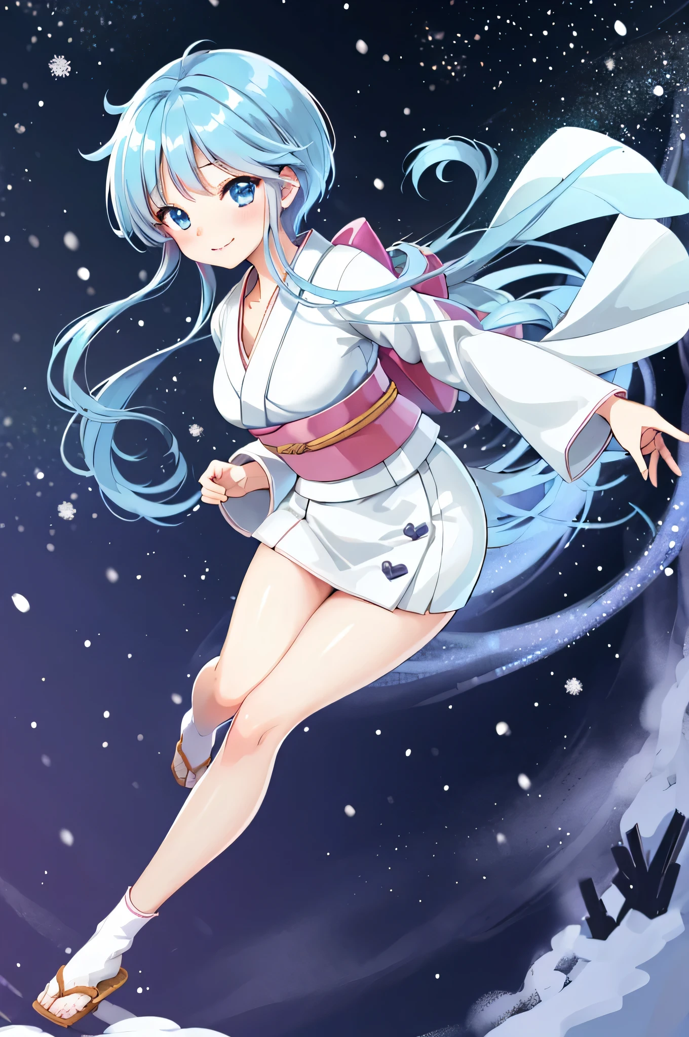 (Tabletop, highest quality:1.2),masterpiece, highest quality, Yukime V4, One Girl, solo, blush, Lips parted, generally, Wide sleeves, kimono, heart, heart, White kimono, Snowflake, short kimono,The best smile、wave hands、Sifting snow