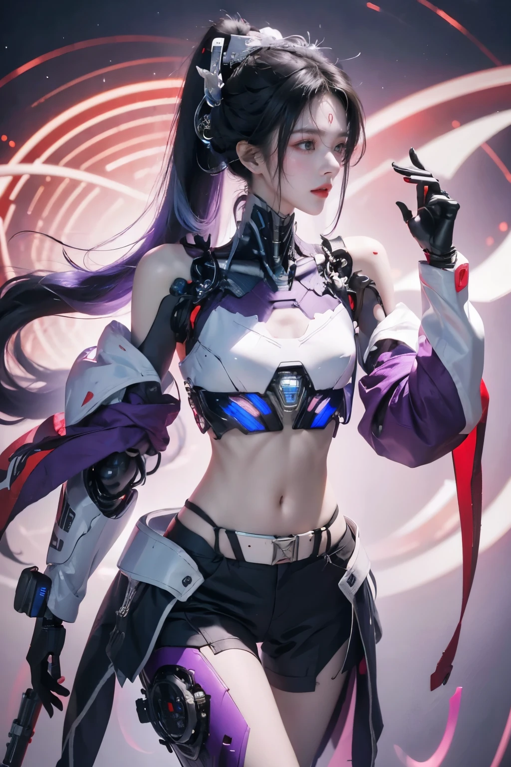 tmasterpiece,Best quality at best,A high resolution,8K,(portrait),(Close up of avatar),(RAW photogr),real photograph,digital photography,(cyberpunk queen),14-year-old girl,long ponytail hairstyle,By bangs,(pink and silver gradient hair),(Glowing red eyes),Devil Eyes,Serious and charming,Mechanical body,Green glowing electronic components,Red wires and tubes connect the body,Complex purple electronic texture,Weird technology symbols,Black round forehead symbol,Luxurious mechanical crown,Keep your mouth shut,(Mechanical Woman),Photo pose,cyber punk perssonage,Future Style,gray world background,oc render reflection texture,Shoulder exposed,Navel exposed,Flat Chest,Small breasts,Small breasts,Small waist,Small Ass,Thin legs,Leaner figure,Slim figure,Glowing blue eyes,Confidence,