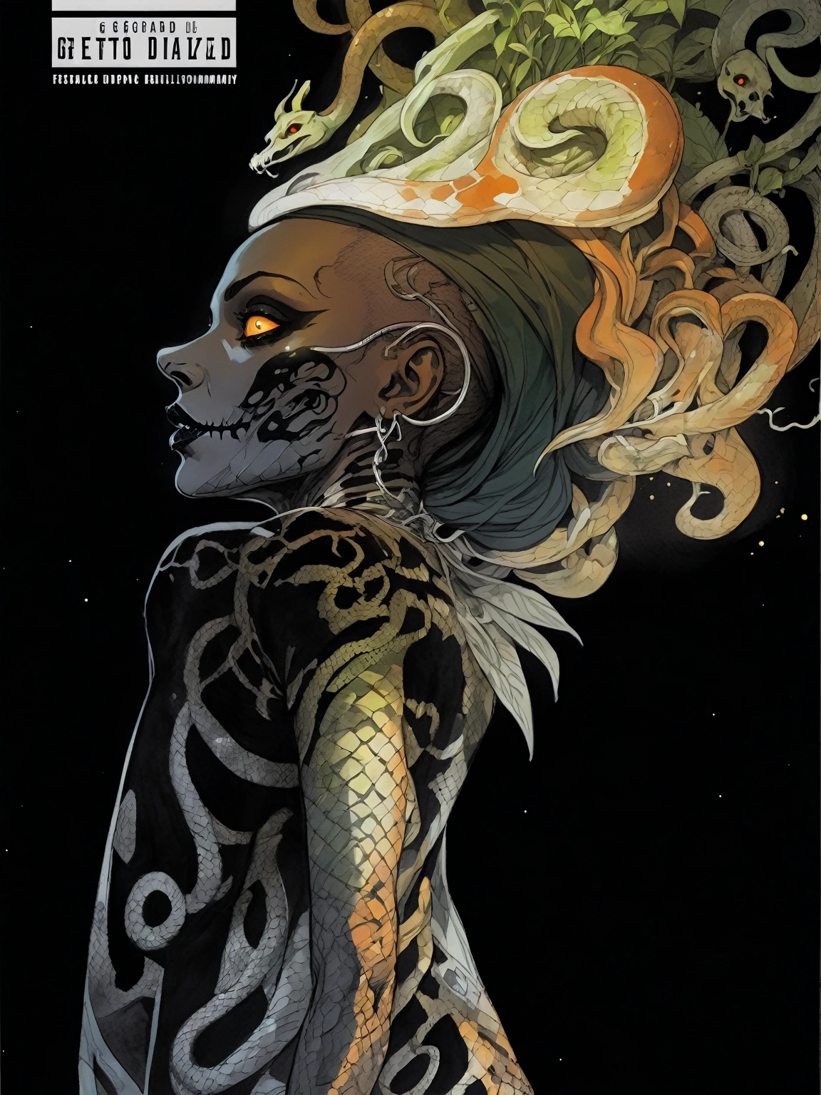 Medusa, splash page decompressed comic cover art, ink style figure,((expressive Joelle Jones and "Sean Gordon Murphy" comic drawing)), wordless, cinematic poster, double exposure, optical illusion, image within image, abyss void black no visibility darkness, full length portrait, (background, pine barrens, entropy, rewilding, magic hour sunset, galaxy stars, cosmos), (horror, abstract, surreal, body, cosmic), candid, snake skin dress, body anatomy drawn Frederic Delavier musculature anatomical illustration, (face, ornate black metal corpse paint, resembles Grace Jones), (body, Naga, snakefolk, lower body snake tail, snake woman hybrid, bald, hairless, skeleton, snake skin tattoos, piercing eyes, snake pupils, over the shoulder), (colors, bleak muted deep fiery radiant glowing ROYGBIV, forest green, earth brown), craftsmanship nuance, (Gerardo Zaffino charcoal), subliminal orchids, nyctophobia, silhouette




