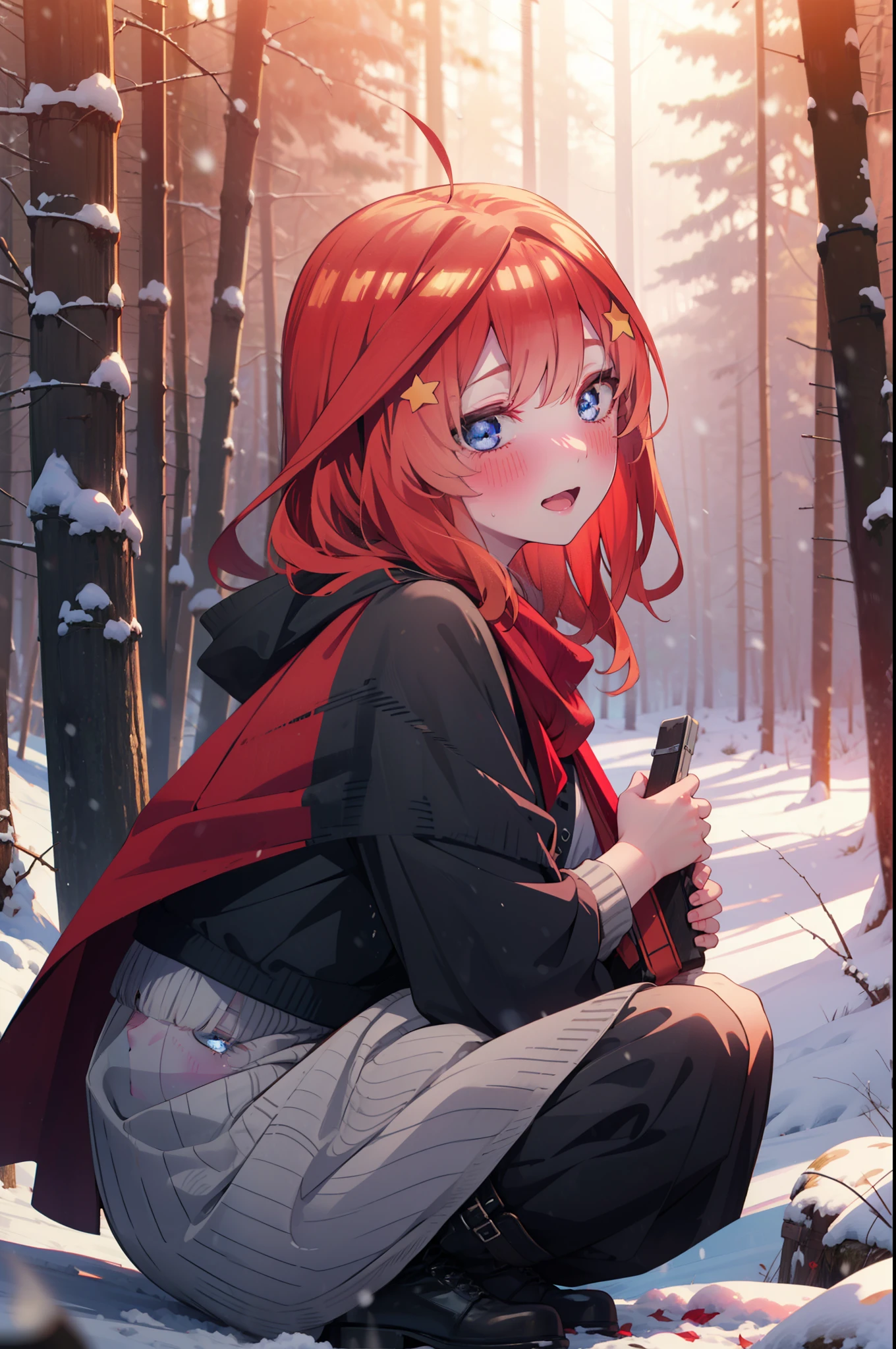 itsukinakano, Itsuki Nakano, bangs, blue eyes, Hair between the eyes, Ahoge, Redhead, star \(symbol\), hair ornaments, star hair ornaments,smile,blush,White Breath,
Open your mouth,snow, fire, Outdoor, boots, snowing, From the side, wood, suitcase, Cape, Blurred, Increase your meals, forest, White handbag, nature, Squat, Mouth closed, フードed Cape, winter, Written boundary depth, Black shoes, red Cape break looking at viewer, Upper Body, whole body, break Outdoor, forest, nature, break (masterpiece:1.2), highest quality, High resolution, unity 8k wallpaper, (shape:0.8), (Beautiful and beautiful eyes:1.6), Highly detailed face, Perfect lighting, Highly detailed CG, (Perfect hands, Perfect Anatomy),