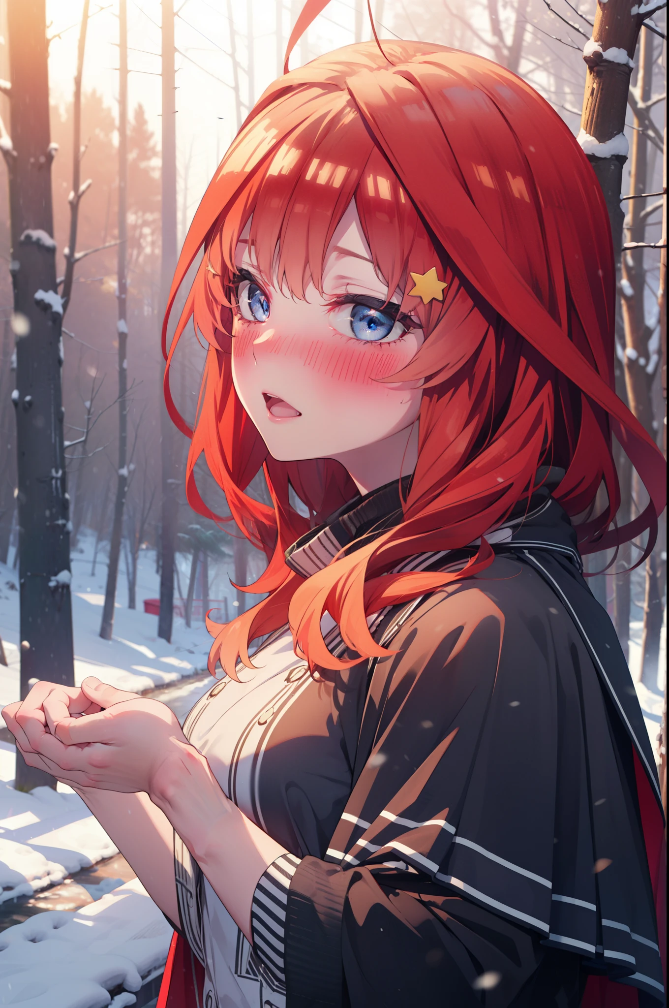 itsukinakano, Itsuki Nakano, bangs, blue eyes, Hair between the eyes, Ahoge, Redhead, star \(symbol\), hair ornaments, star hair ornaments,smile,blush,White Breath,
Open your mouth,snow, fire, Outdoor, boots, snowing, From the side, wood, suitcase, Cape, Blurred, Increase your meals, forest, White handbag, nature,  Squat, Mouth closed, フードed Cape, winter, Written boundary depth, Black shoes, red Cape break looking at viewer, Upper Body, whole body, break Outdoor, forest, nature, break (masterpiece:1.2), highest quality, High resolution, unity 8k wallpaper, (shape:0.8), (Beautiful and beautiful eyes:1.6), Highly detailed face, Perfect lighting, Highly detailed CG, (Perfect hands, Perfect Anatomy),