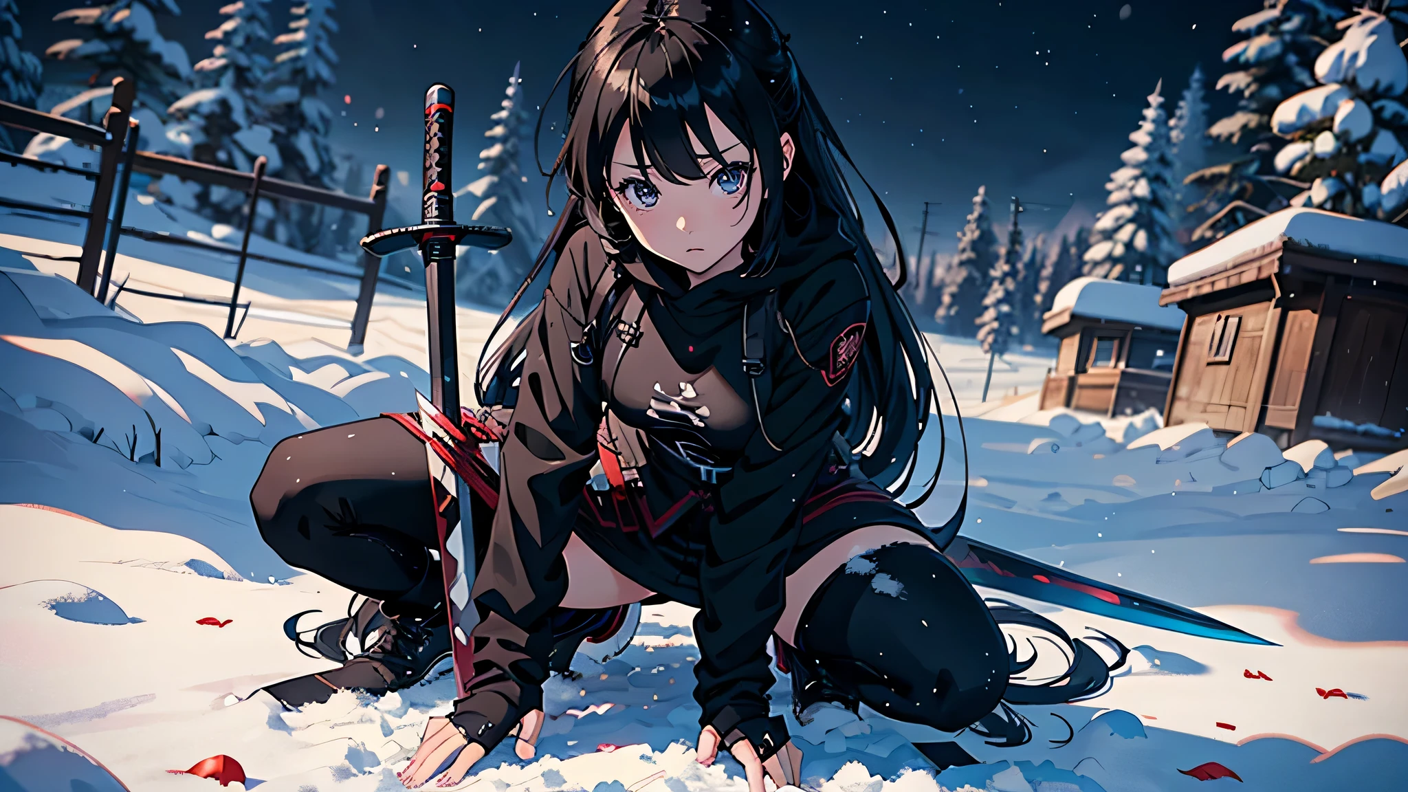 Anime girl kneeling in the snow wearing black clothes and holding a sword, Amazing anime 8k, She has a sword, Anime Style 4k, Gweiz style artwork, anime wallpaper 4k, anime wallpaper 4k, anime art wallpaper 8k, 4k anime wallpaper, anime art wallpaper 4k, anime art wallpaper 4k