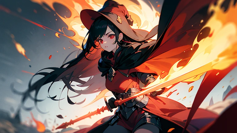 ((best quality)), ((masterpiece)), (detailed), perfect face
1 girl
ruby red eyes emitting light and long black hair
cape and hat
red Mage armor
magic staff and sword enchanted with fire
fire aura emitting form her
standing in battlefield slaying enemies