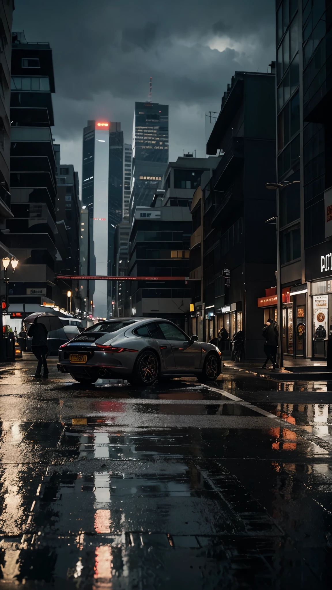 an animated illustration of a scene on a rainy evening in a city.
A person is squatting on the left side of the image, holding an umbrella, and looking at a car parked in front of them.
The car is a classic Porsche with the license plate “97-1”. 
It appears to be raining, as reflections of lights are visible on the wet ground and raindrops can be seen falling.
In the background, there are tall buildings with their lights on, indicating an urban setting.
There are other vehicles parked behind and in the sides of the Porsche, but it is not very clear
