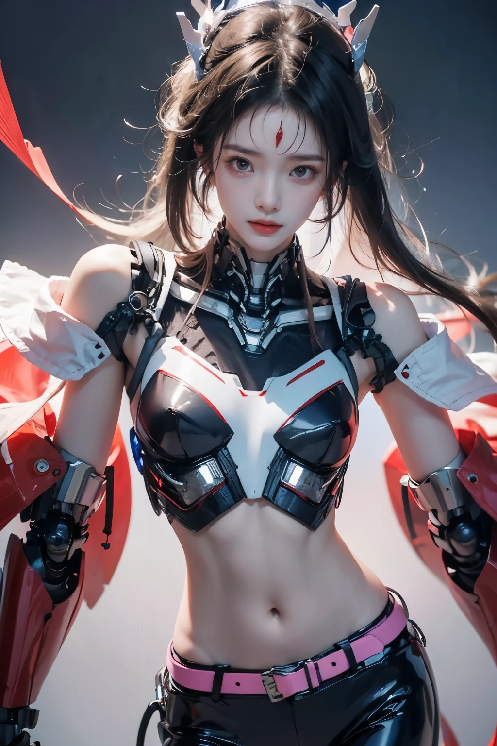 tmasterpiece,Best quality at best,A high resolution,8K,(portrait),(Close up of avatar),(RAW photogr),real photograph,digital photography,(cyberpunk queen),14-year-old girl,long ponytail hairstyle,By bangs,(pink and silver gradient hair),(Glowing red eyes),Devil Eyes,Serious and charming,Mechanical body,pink glowing electronic components,Red wires and tubes connect the body,Complex light blue electronic texture,Weird technology symbols,Black round forehead symbol,Luxurious mechanical crown,Keep your mouth shut,(Mechanical Woman),Photo pose,cyber punk perssonage,Future Style,gray world background,oc render reflection texture,Shoulder exposed,Navel exposed,Flat Chest,Small breasts,Small breasts,Small waist,Small Ass,Thin legs,Leaner figure,Slim figure,Glowing blue eyes,Confidence,