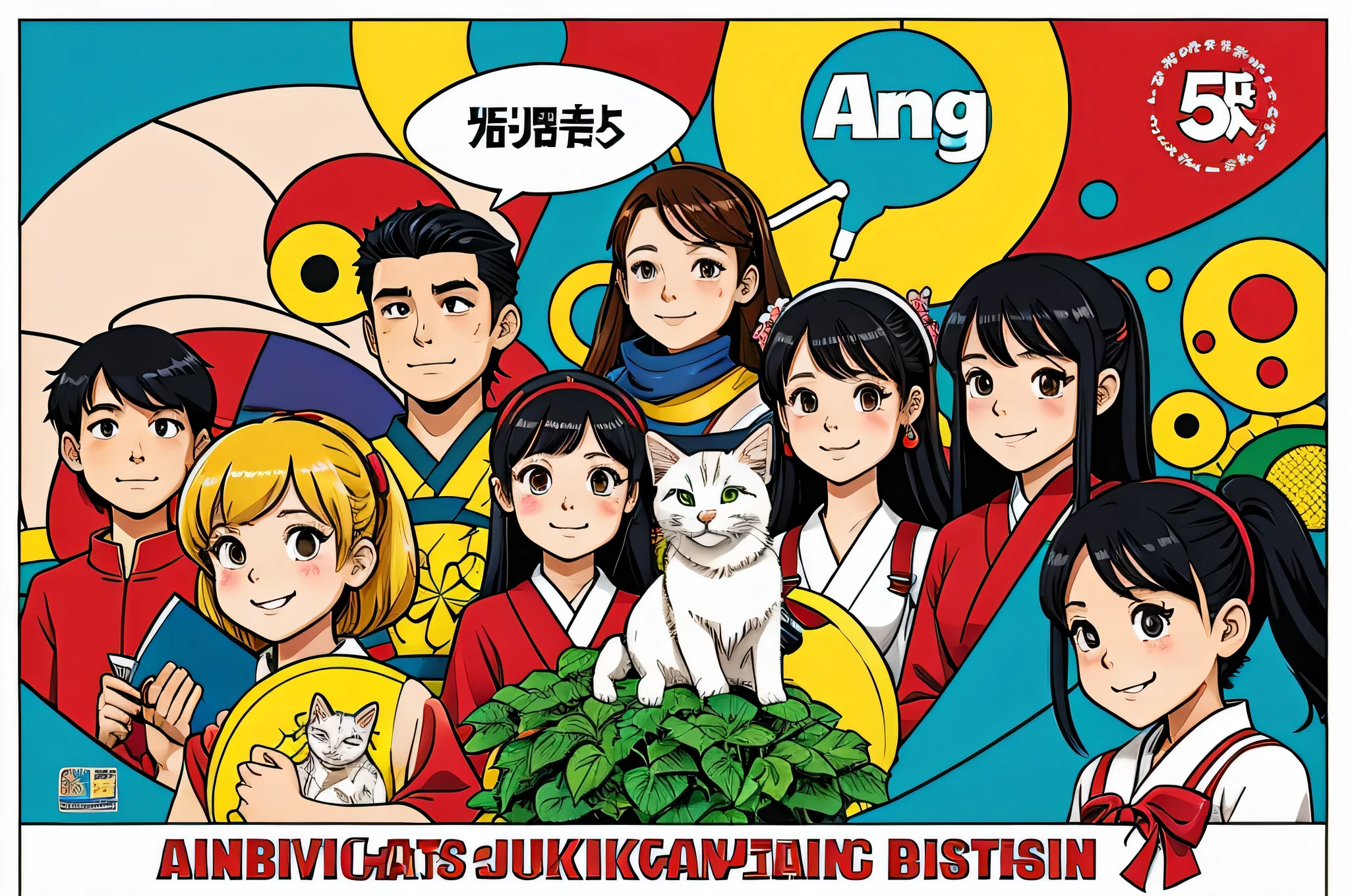 Cartoon illustration of children and their pets celebrating Earth Day, poster of Nobutari Yanagawa , pixiv Grand Prize winner, naïve art, hand-drawn cartoon art style, cover illustration, comic book cover style, children's book cover, colorful children's book illustration, poster illustration, jojolion cover art style, Japanese comic book cover, Japanese cartoon style, comic book cover, 5.1 Labor Day, Japanese anime style, bright colors, characters are European and American face shapes, There are English words 'labor is the most glorious' in the picture, no Chinese elements, and the picture is required to be delicate.