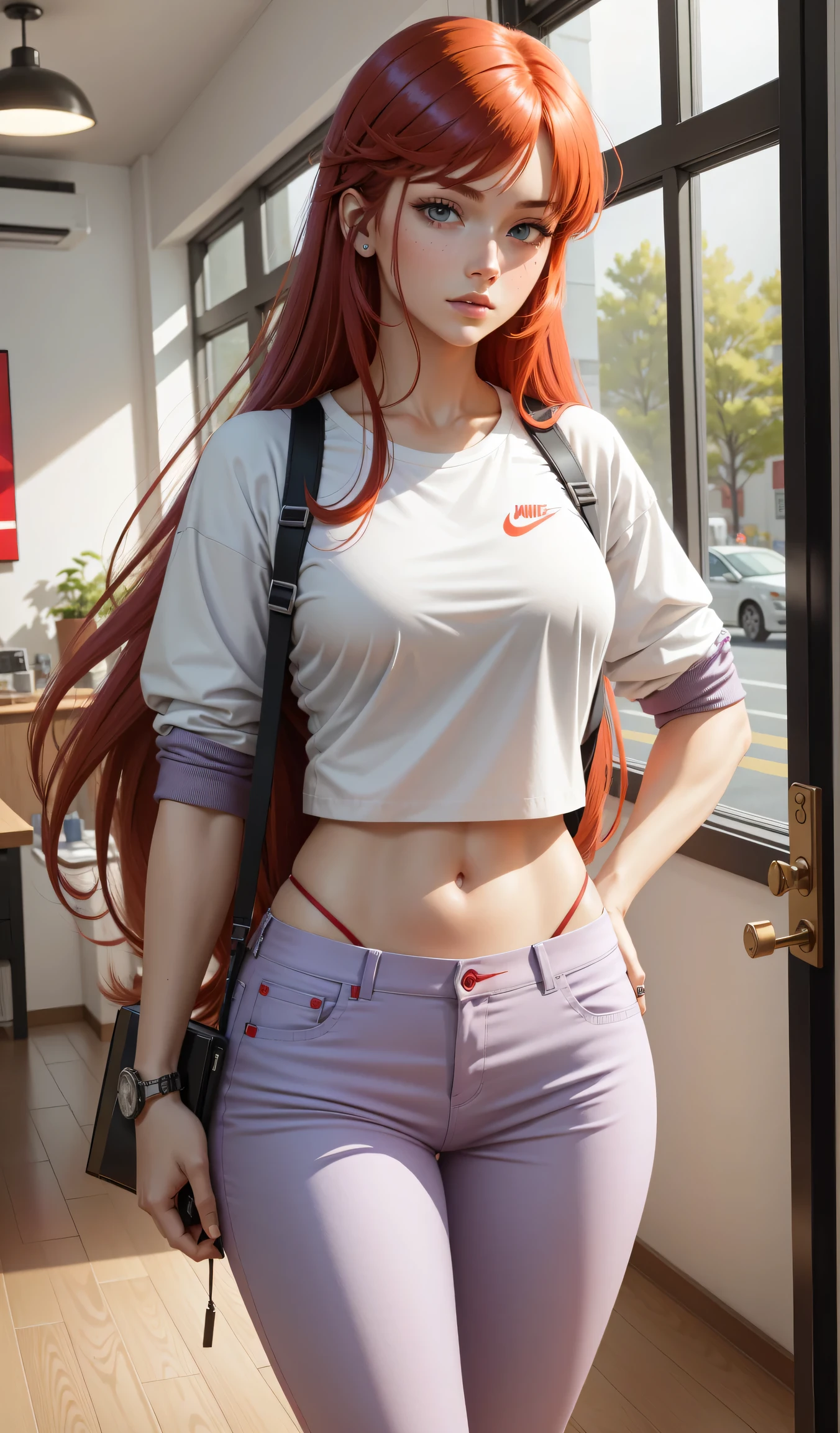 a muscular, purple-skinned, red-haired woman with a purple lock in her bangs, green eyes, in white shirt and red pants is playing video games, simple style, wearing stylish casual clothes, soft red, simple clothes, milk and red style, casual clothing style, modern fashion clothing, dressing a fisherwoman, casual modern clothes, inspo, red clothes, Red pants, neutral tones, rred and white color scheme, business casual clothing, scary face, Nike sneakers, 22 years old, adult face, long hair, ((red hair))