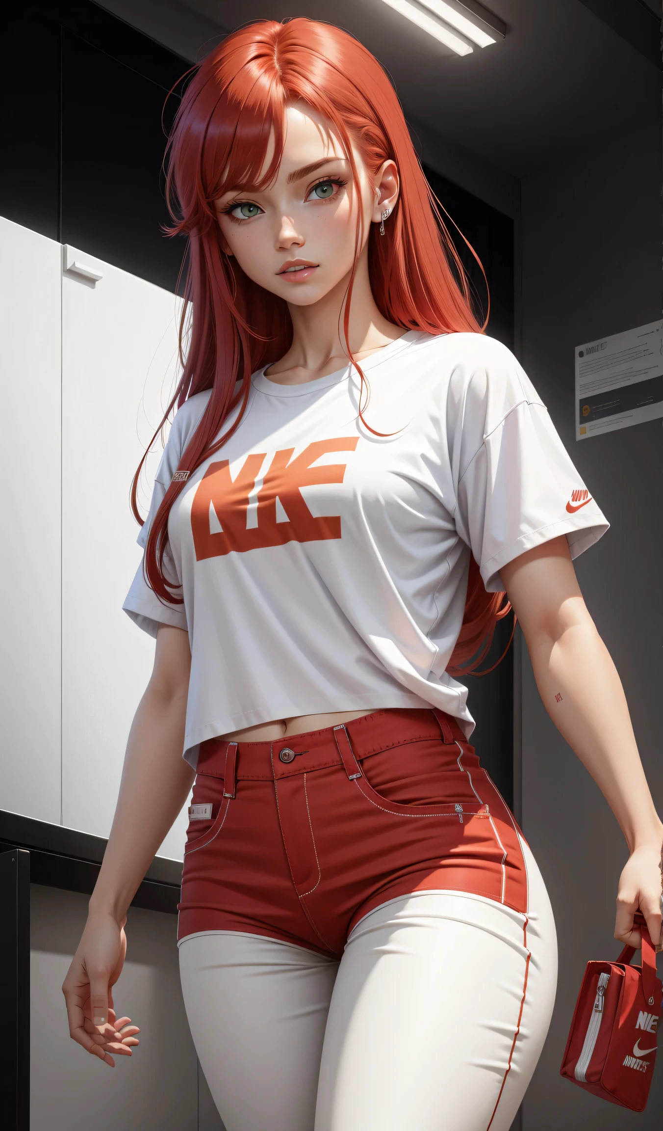 a muscular, purple-skinned, red-haired woman with a purple lock in her bangs, green eyes, in white shirt and red pants is playing video games, simple style, wearing stylish casual clothes, soft red, simple clothes, milk and red style, casual clothing style, modern fashion clothing, dressing a fisherwoman, casual modern clothes, inspo, red clothes,  Red pants, neutral tones, rred and white color scheme, business casual clothing, scary face, Nike sneakers, 22 years old, adult face, long hair, ((red hair))