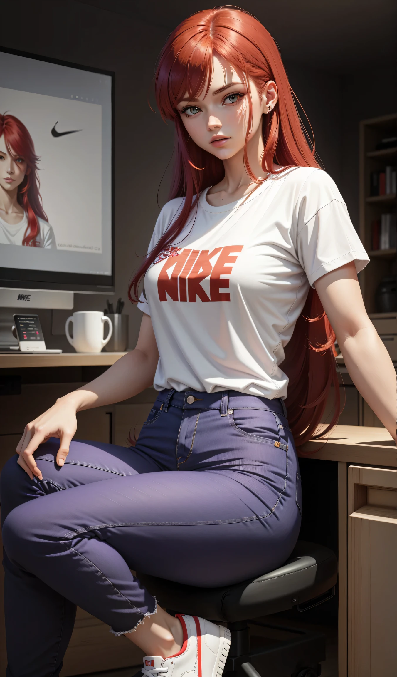 a muscular, purple-skinned, red-haired woman with a purple lock in her bangs, green eyes, in white shirt and red pants is playing video games, simple style, wearing stylish casual clothes, soft red, simple clothes, milk and red style, casual clothing style, modern fashion clothing, dressing a fisherwoman, casual modern clothes, inspo, red clothes,  Red pants, neutral tones, rred and white color scheme, business casual clothing, scary face, Nike sneakers, 22 years old, adult face, long hair, ((red hair))