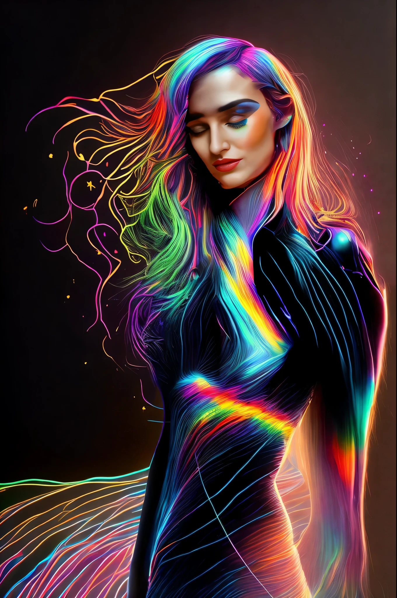 masterpiece, best quality, extremely detailed, hyperrealistic, neon-light-effect, a digital painting of a woman's face, a beautiful 20s french mode, ultra detailed face:1.1, cool neon colors, vector art, psychedelic art, intricate neon circuit pattern, avatar image, shiny hair, neon outlines, art cover illustration, cosmic space background, ethereal atmosphere, cosmical concept, rainbow strings, rainbow skin, rainbow bloody veins growing and intertwining out of the darkness
