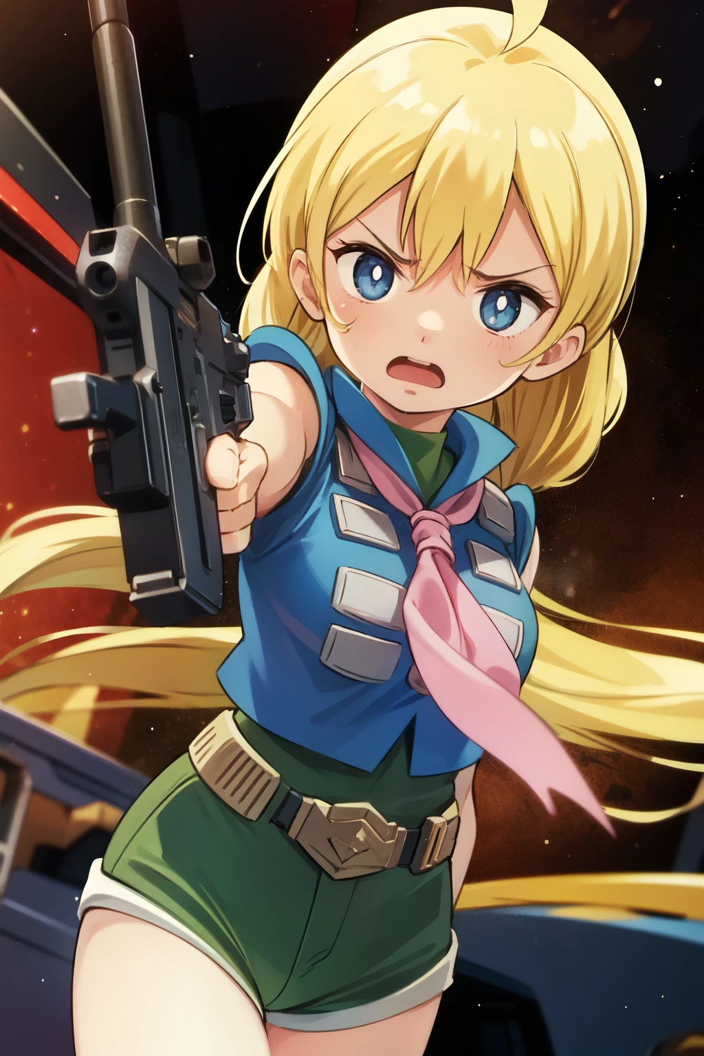 masterpiece, best quality, highres, 1girl, keiko, hold a gun, aiming, dynamic angle, in hangar, angry, scream, galaxy background, cowboy shot, 