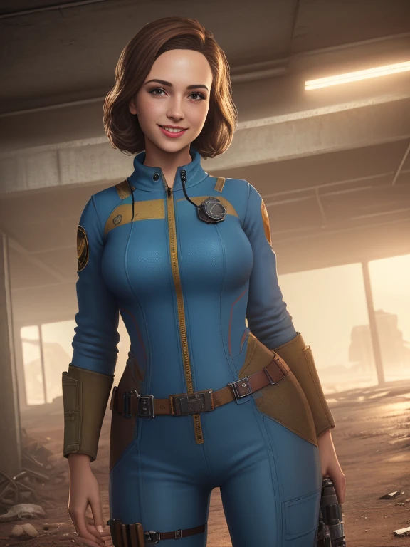 1girl, solo, highly insanely detailed, masterpiece, top quality, best quality, highres, 4k, 8k, fallout style, smile, 1girl, Nora, vault jumpsuit, in the wasteland