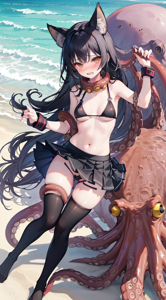 A lady,Fox ears,Black bikini ,(((Blushed))), ((octopus触手)), (((octopus)))((I open my mouth)),((mini skirt, Tights))(Happy "Ahaha" face),Soaked in sweat,(black haired,),((beach,,))((Clothes are torn))