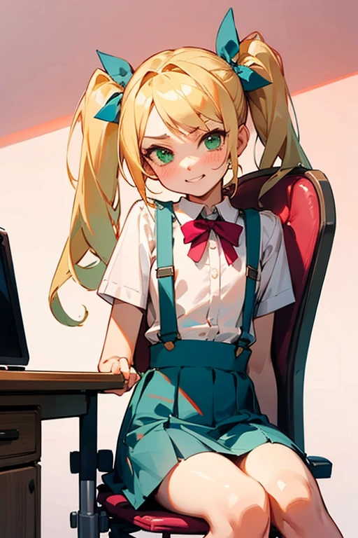 1 girl, cute, , flat chested, pouty, bratty, blonde hair, twintails, long hair, cute, bratty, teasing look, dim lighting, sitting in desk chair, pink room, cute room, white chair, lolita,pink suspenders skirt, green eyes, smiling

