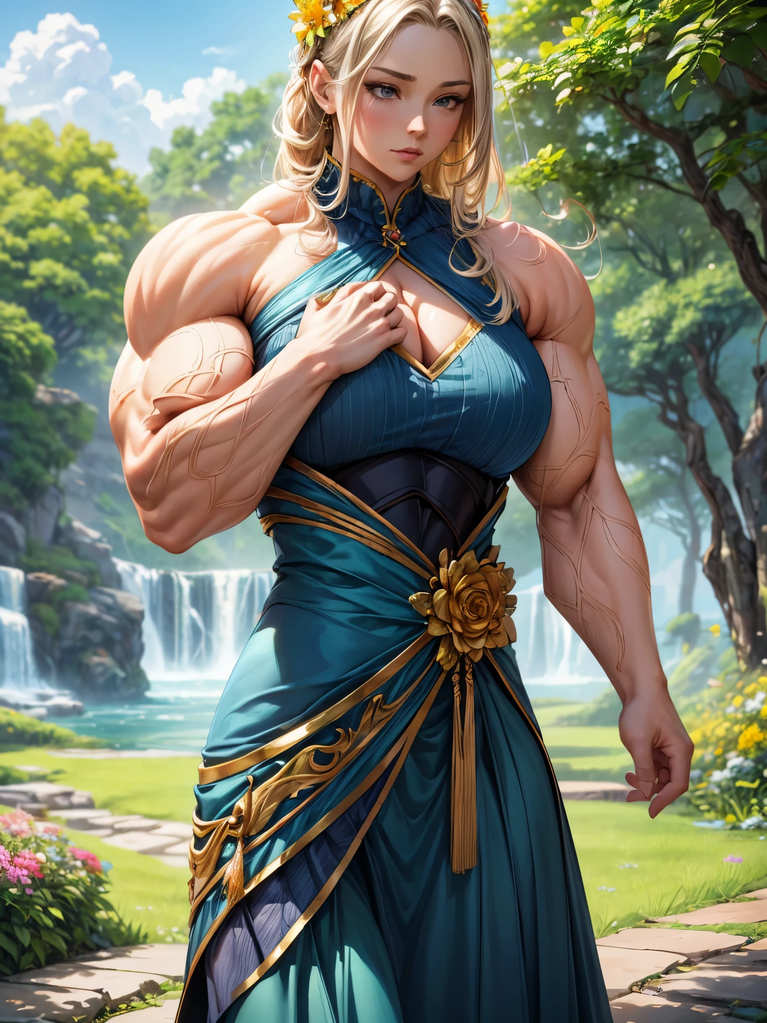 (best quality,4k,8k,highres,masterpiece:1.2),ultra-detailed,(realistic,photorealistic,photo-realistic:1.37),A healthy cute girl,wearing a vibrant blue dress,standing in a colorful flower garden,inhaling the fragrance of blooming flowers,,surrounded by butterflies and birds fluttering around,creating a magical atmosphere,background filled with lush greenery and vibrant blossoms,bathed in golden light,creating a dreamlike and enchanting scene,medium: (extremely detailed CG unity 8k wallpaper,masterpiece, best quality, ultra-detailed), extremelly muscular, big body, muscular girl, muscles girl