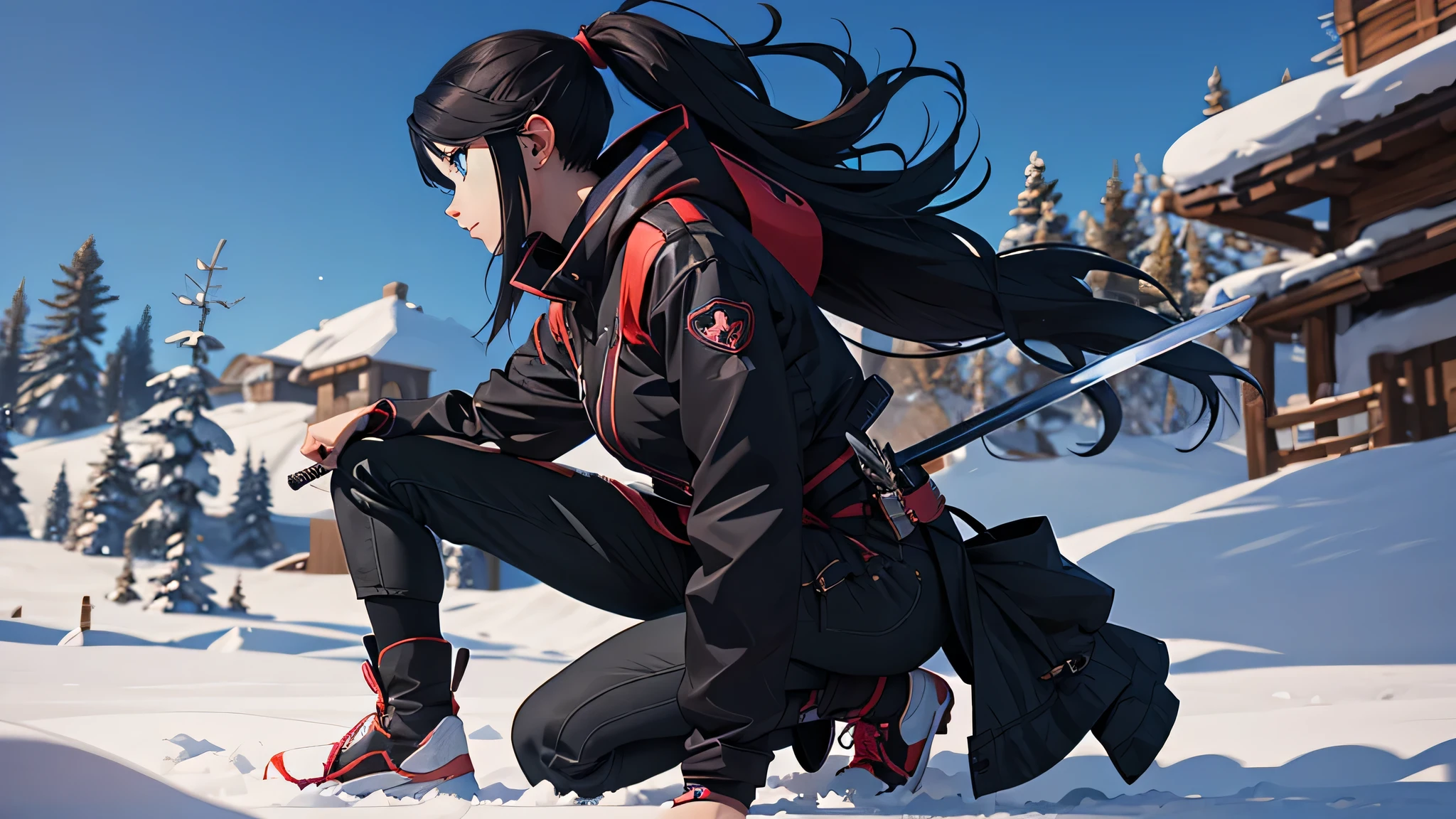 Anime girl kneeling in the snow wearing black clothes and holding a sword, Amazing anime 8k, She has a sword, Anime Style 4k, Gweiz style artwork, anime wallpaper 4k, anime wallpaper 4k, anime art wallpaper 8k, 4k anime wallpaper, anime art wallpaper 4k, anime art wallpaper 4k