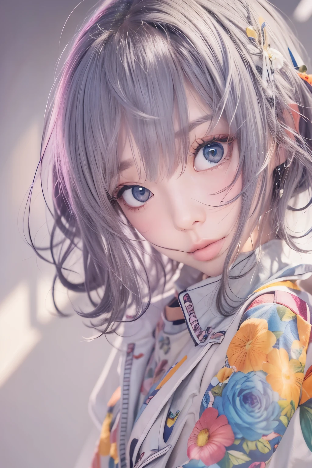 ４ｋ、Beautiful Eyes、whole body、Colorful Hair（gray）、whole bodyポートレート、Exposure、Beautiful background、Tied Hair、Bobcut