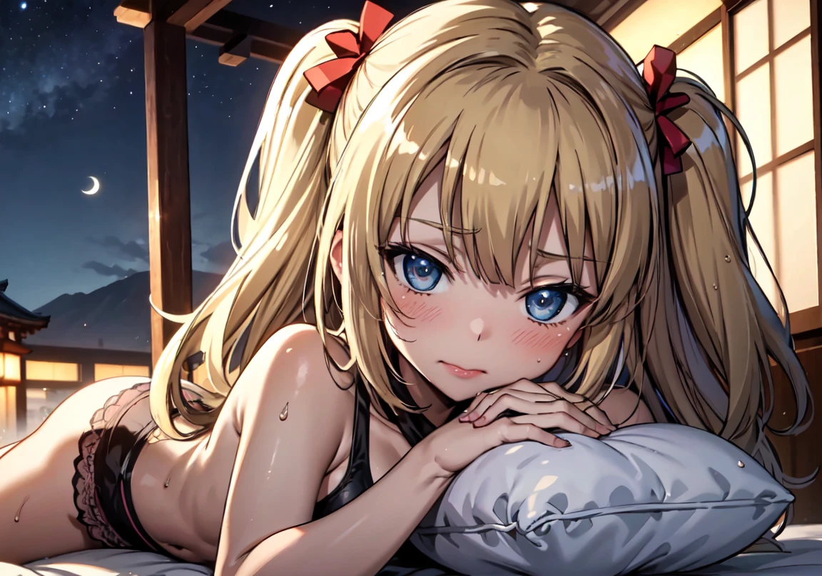 masterpiece,highest quality,Super detailed,8k,
bloom,high contrast,Realistic Skin,Glowing Skin,cute、
（hasegawa kobato, flat chest, blonde hair, twintails, long hair, heterochromia）、
（Sleeping on your back on the bed：1.3),slender、Waistline、Dynamic Angle：1.3、
（The body is wet with sweat：1.3）、glossy lips、Emphasize the lower lip a little、blush、Embarrassed expression、Accentuate your cleavage、Sexy Underwear、
Amazing night sky、Crescent Moon、Aurora、horizon、Open-air bath、Japanese inn、futon