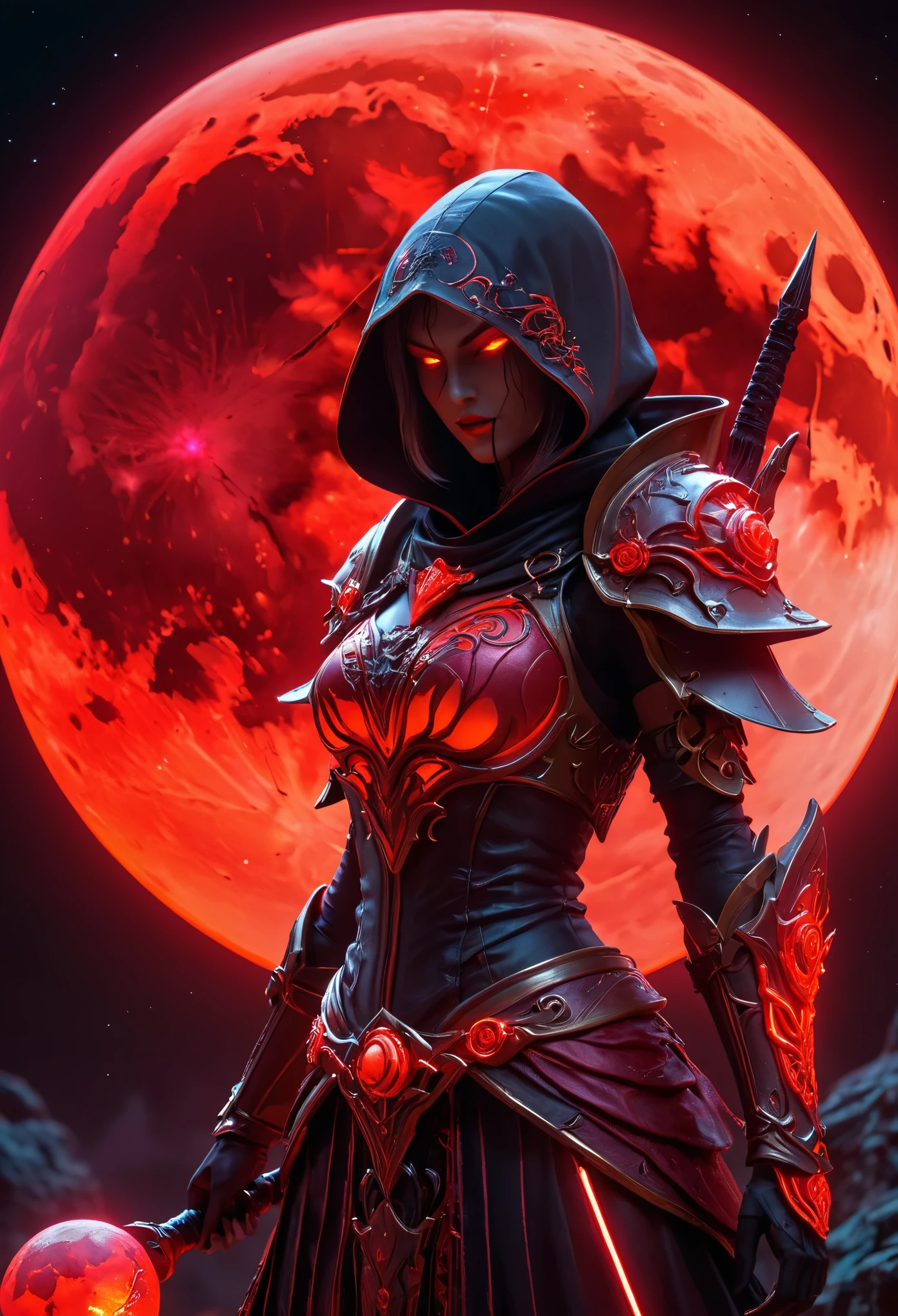 Red Necromancer, Blood Moon, Ray Tracing, masterpiece, highest quality, super high quality, 不条理なdetailed, best Light, Best Shadow, sharp, sharp image, detailed, extremely detailed, Amazing resolution, 8k, 4K, Ultra-high resolution, Particle Effects, Beautiful Effects, Vibrant colors, neon Light, neon, Light,