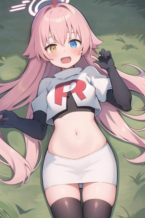 masterpiece, best quality, ultra-detailed, 1girl, hoshino, team rocket,team rocket uniform,white skirt,red letter R,crop top,black thigh-highs,black elbow gloves, outdoors
