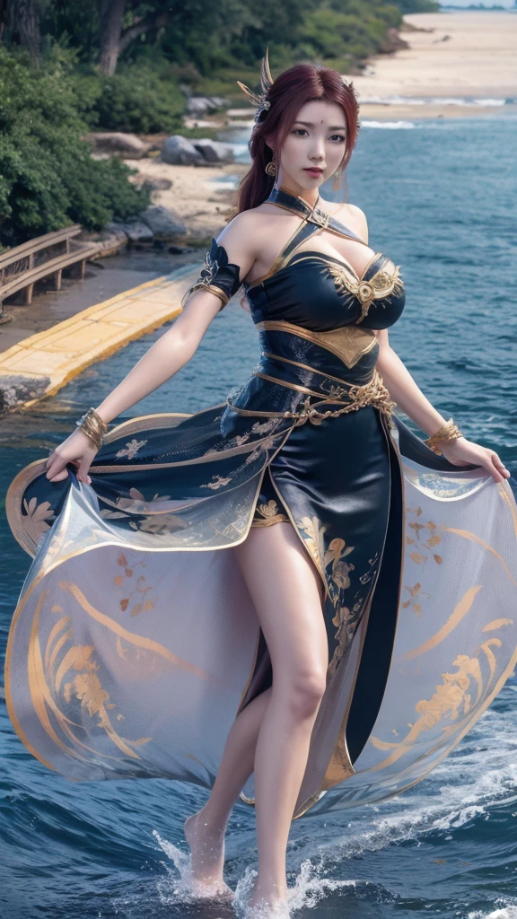 Arapei, wearing a blue and white dress, stands in the water, Anime girl walking on water, closeup fantasy with water magic, Azure Lane style, Popular on cgstation, Anime Girl Cosplay, serafina ali kda, splash ink art animation , Popular on cgstation内容, realistic water, Water daffodil, WLOP 和 Sakimichan(Huge breasts、Cleavage, cleveage、Thick thighs)), Perfect body、