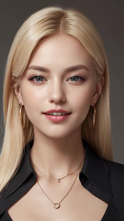 1 29 year old blonde woman with long hair posing for a picture, Beautiful blonde woman, beautiful blonde woman, (She's killing herself laughing and opning her mouth), Beautiful, well-cared for blonde, 8K Soft Portrait, Smooth blond woman, (Slim figure top model), breast enhancement, (Blonde Swedish woman), (Blonde eyebrows), Glossy long blonde hair, (amber color eyes brillantes:1.2), (The pupils of the eyes are dilated), (Thick plump lips), (A photo from the chest up), (A person in the center left and right, The whole head is shown:1.3), (Black buttoned collared blouse:1.3), (A very simple necklace and very simple earrings), Perfect Makeup