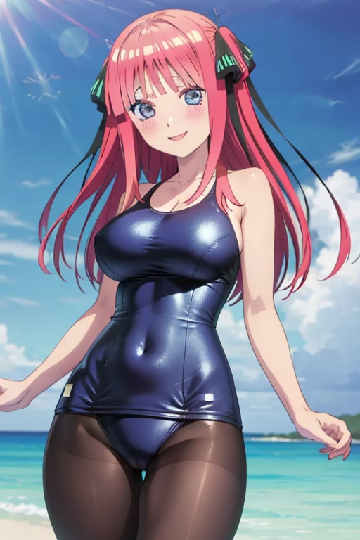 best quality, ultra-detailed masterpiece, anime art style, cute characters, nino nakano, one-piece swimsuit, large breasts, pantyhose, blush, smile