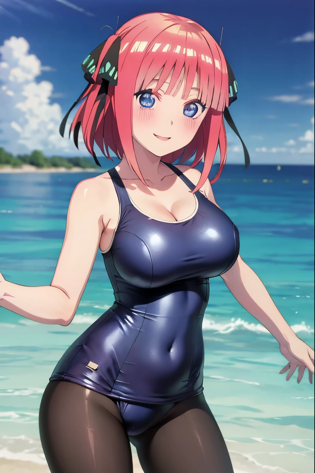 best quality, ultra-detailed masterpiece, anime art style, cute characters, nino nakano, one-piece swimsuit, large breasts, pantyhose, blush, smile