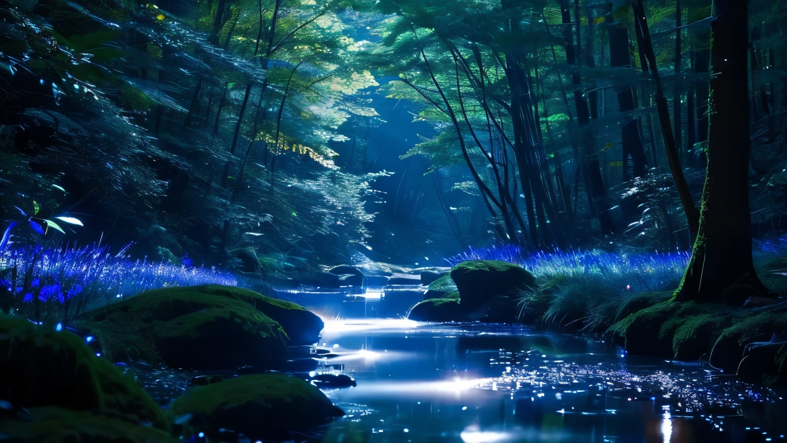 A small stream outside the forest where many fireflies dance, a very small stream at night, stars in the night sky and fireflies, fireflies flying in the moonlight