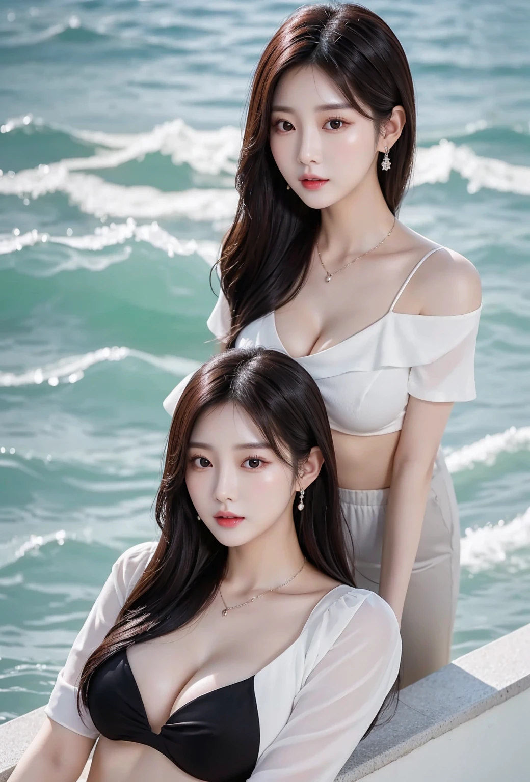 27-year-old, South Korean actress and singer, Kang Haerin, exudes an irresistible charm with her captivating beauty. With her striking, almond-shaped eyes and full, glossy lips, she captivates the attention of all those around her. Her jet-black hair falls in soft, gentle waves around her delicate features, framing her face perfectly. In this exquisitely detailed, high-resolution 8k wallpaper, Kang Haerin dons a elegant, white blouse that hugs her slender figure, revealing the slightest hint of her ample cleavage. Her midriff is covered by a chic, black