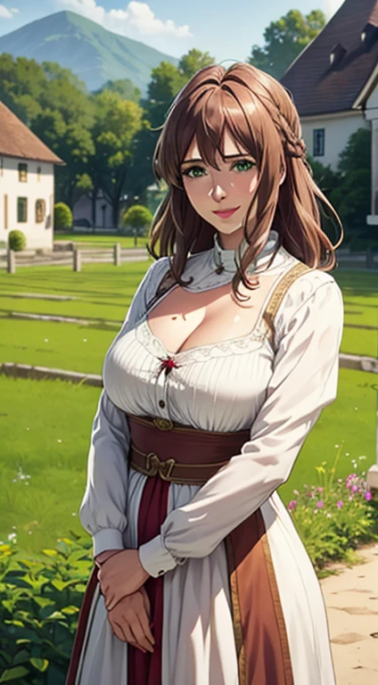 (hyper realstic)、Germanic mature woman. Ancient Farmer Woman、Women's Agriculture、(Wearing flesh-colored fabrics)、
immensity　Beautie　high-level image quality　hight resolution　Realistic 、a black hair, woman in a、A MILF、Middle-aged woman、detailed skin textures、超A high resolution、Wearing flesh-colored fabrics、Realistic、Voluptuous body shape、A smile、Middle-aged beauty、Beautiful expression、Detailed green eyes、long fluffy hair、A smile、Very delicate and detailed skin texture、45 Ancient Peasant Women、((Being in the village square))、Women's Agriculture, cleavage、Large open neckline、big red lips、(Wearing flesh-colored fabrics)、