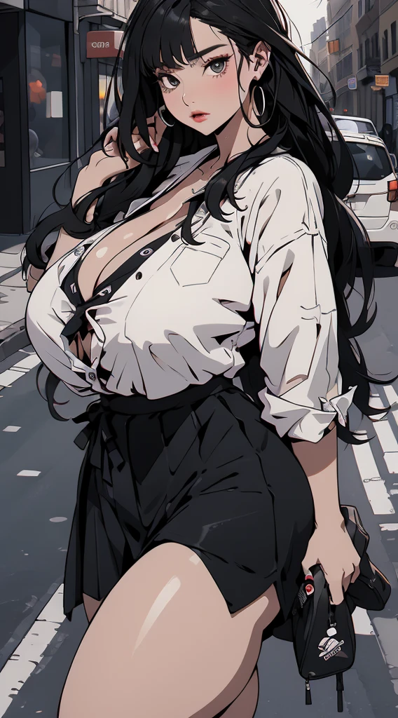 fashionable, Black long hair, Soft expression, cleveage,(Huge breasts、Cleavage, cleveage、、Thick thighs)), Perfect body、 , skirt, Streetwear, on the street, Cowboy shooting