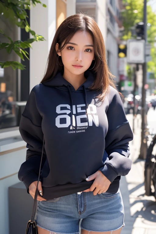 A Japanese milf, photo of one girl, Slender figure, Realistic teeth, wearing oversized hoodie, down hood, smile, full-body, masterpiece, best quality, detailed, beauty, Pub, indoor,