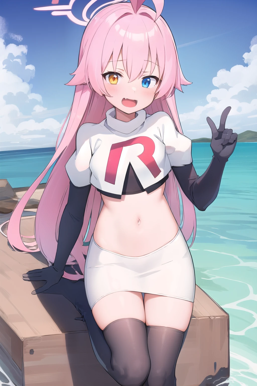 masterpiece, best quality, ultra-detailed, 1girl, hoshino, team rocket,team rocket uniform,white skirt,red letter R,crop top,black thigh-highs,black elbow gloves, outdoors