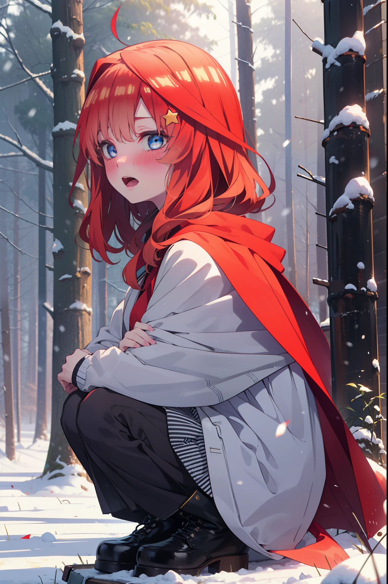 itsukinakano, Itsuki Nakano, bangs, blue eyes, Hair between the eyes, Ahoge, Redhead, star \(symbol\), hair ornaments, star hair ornaments,smile,blush,White Breath,
Open your mouth,snow, fire, Outdoor, boots, snowing, From the side, wood, suitcase, Cape, Blurred, Increase your meals, forest, White handbag, nature, Squat, Mouth closed, フードed Cape, winter, Written boundary depth, Black shoes, red Cape break looking at viewer, Upper Body, whole body, break Outdoor, forest, nature, break (masterpiece:1.2), highest quality, High resolution, unity 8k wallpaper, (shape:0.8), (Beautiful and beautiful eyes:1.6), Highly detailed face, Perfect lighting, Highly detailed CG, (Perfect hands, Perfect Anatomy),